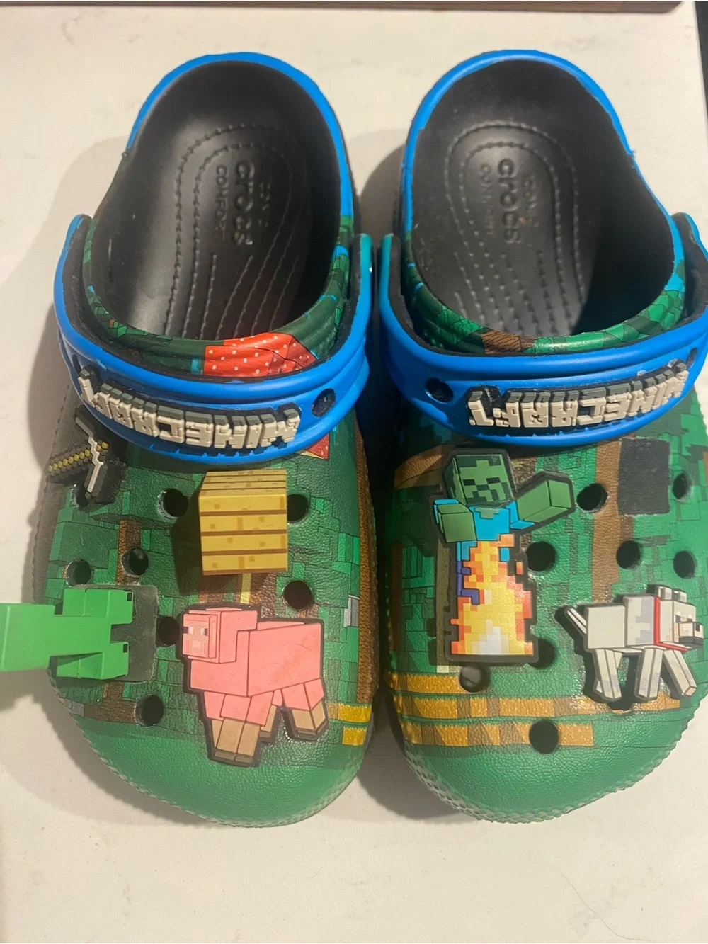 CROCS Kids Green Clog Slippers with Blue Strap - Minecraft Accents